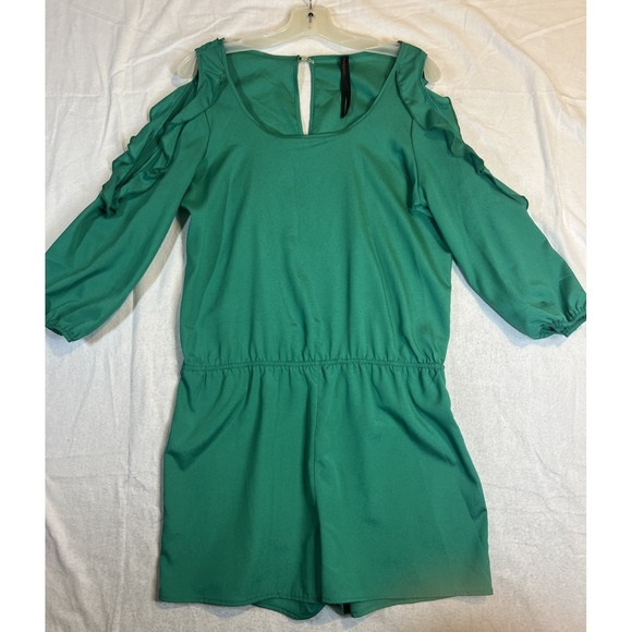 CO Pants - Renee Co. Green Jumper Romper Short‎ Ruffles Peek-a-boo Shoulders Large